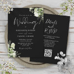 Floral QR Code Weddenschap zwart-wit Greenery Kaart<br><div class="desc">Deze elegante zwarte en witte botanische groenery verlaat de trouwuitnodiging kan worden gepersonaliseerd met je informatie in de chemische typografie met je trouwwebsite details en je QR code op de achterkant. Ontworpen door: Thisnotme©</div>