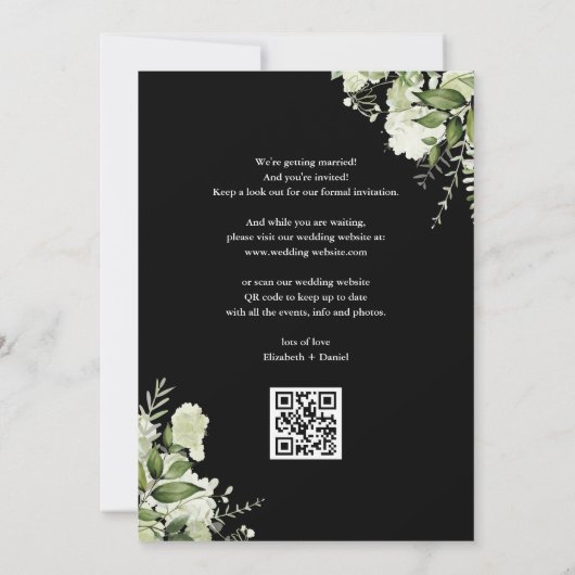 Floral QR Code Weddenschap zwart-wit Greenery Save The Date (Achterkant)