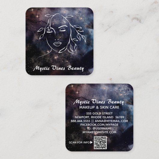 *~* Floral QR Cosmic Nebula Fantasy Goddess Square Vierkante Visitekaartje (Voorkant / Achterkant)