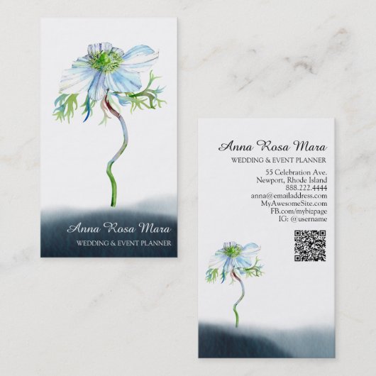 *~* Floral QR White Anemone Wedding Event Planner Visitekaartje (Voorkant / Achterkant)