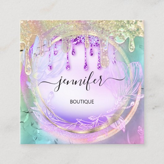 Floral QRCode Acrilic Nails Drivers Holograaf Vierkante Visitekaartje (Voorkant)