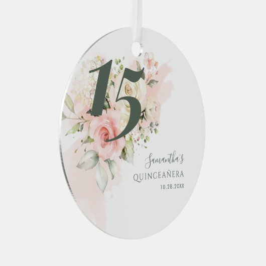Floral Quinceanera 15th Birthday Greenery Pink Metalen Ornament (Voorkant Rechts)