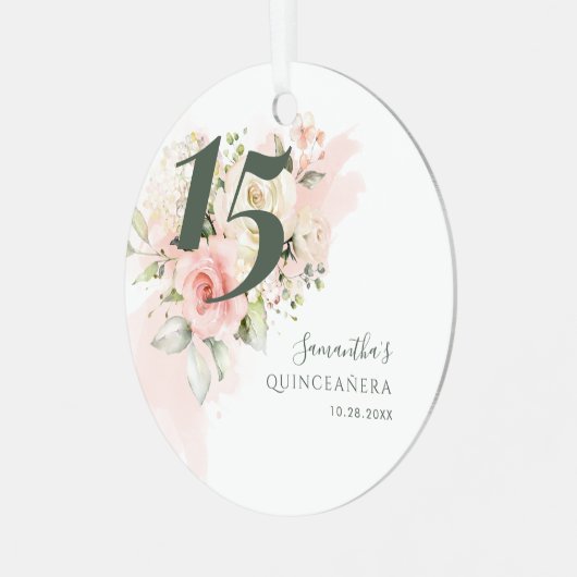 Floral Quinceanera 15th Birthday Greenery Pink Metalen Ornament (Voorkant links)