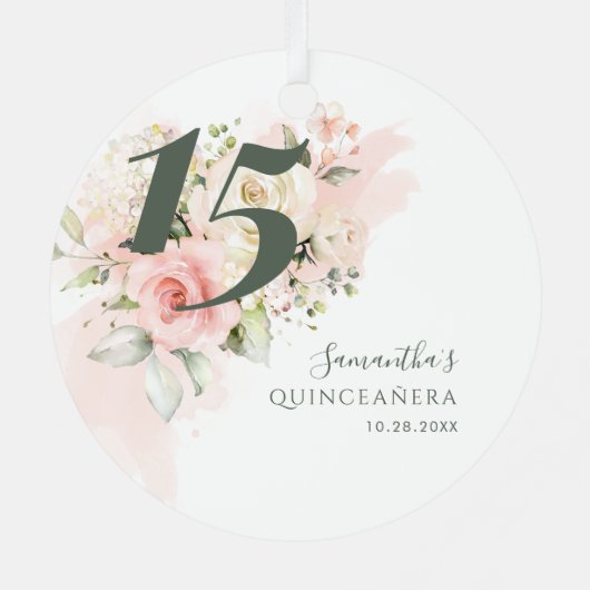 Floral Quinceanera 15th Birthday Greenery Pink Metalen Ornament (Achterkant)