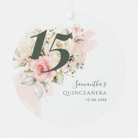 Floral Quinceanera 15th Birthday Greenery Pink Metalen Ornament (Voorkant)