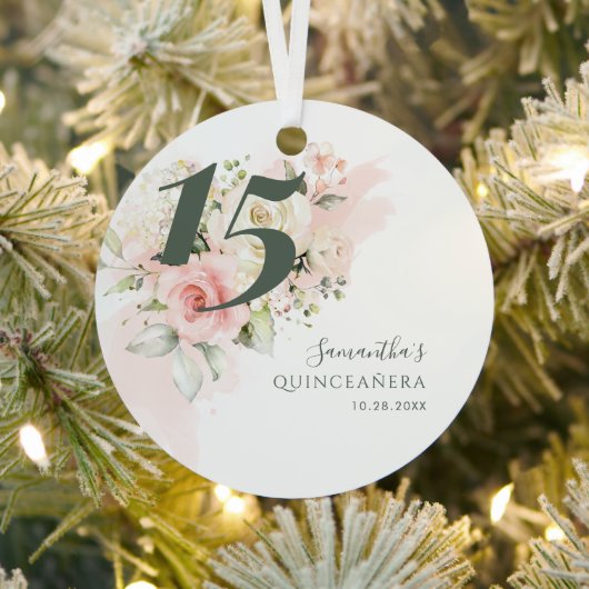 Floral Quinceanera 15th Birthday Greenery Pink Metalen Ornament (Insitu)
