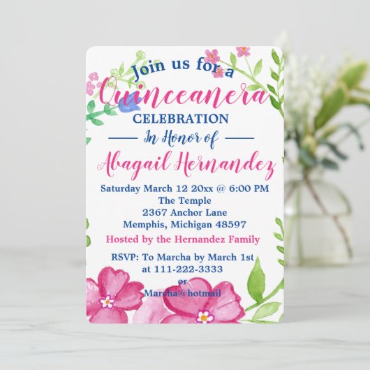 Floral Quinceanera Celebration Feestdagenkaart (Staand voorkant)