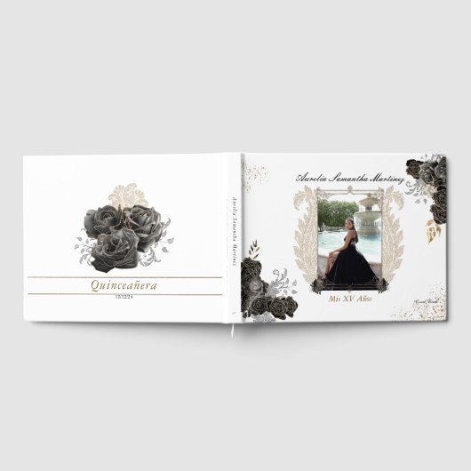Floral Quinceañera Gastenboek Zwart en Goud (Volledig)