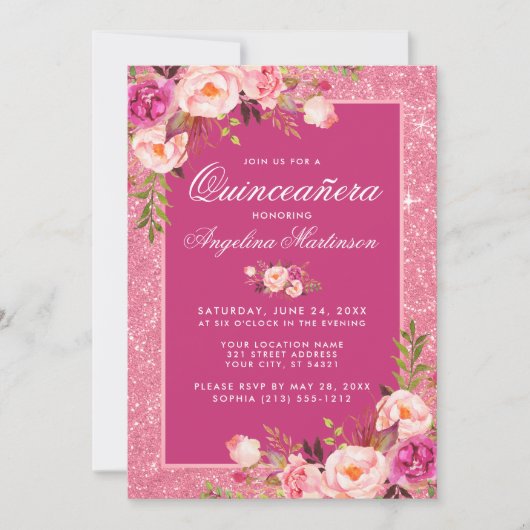 Floral Quinceanera Hot Pink Glitter Uitnodiging (Voorkant)