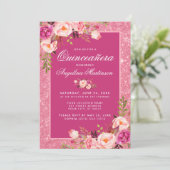 Floral Quinceanera Hot Pink Glitter Uitnodiging (Staand voorkant)