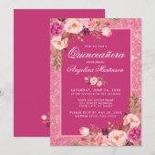 Floral Quinceanera Hot Pink Glitter Uitnodiging (Voorkant / Achterkant)