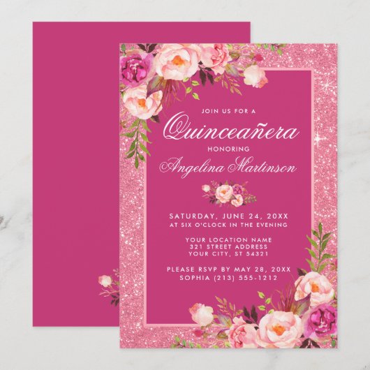 Floral Quinceanera Hot Pink Glitter Uitnodiging (Voorkant / Achterkant)