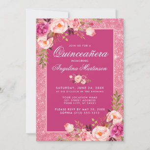 Floral Quinceanera Hot Pink Glitter Uitnodiging