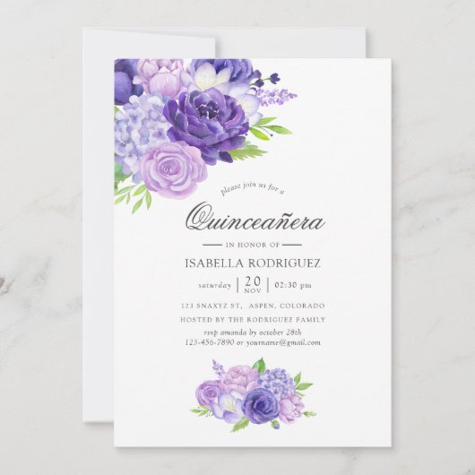 Floral Quinceañera Invitat Ultra Violet Waterverf Kaart (Voorkant)