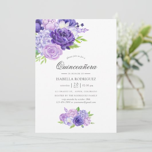 Floral Quinceañera Invitat Ultra Violet Waterverf Kaart (Staand voorkant)