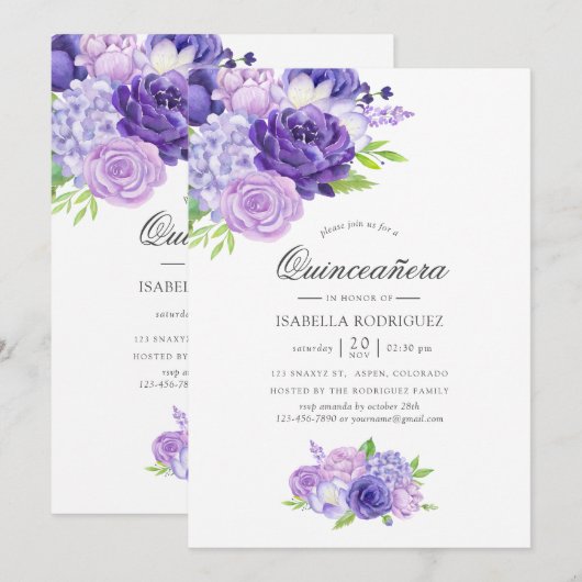 Floral Quinceañera Invitat Ultra Violet Waterverf Kaart (Voorkant / Achterkant)