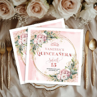Floral Quinceañera Napkins in Dusty Pink and Gold Servet