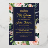 Floral Quinceanera Navy Blush Gold Waterverf Folie Uitnodiging (Voorkant)