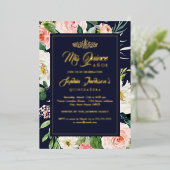 Floral Quinceanera Navy Blush Gold Waterverf Folie Uitnodiging (Staand Voorkant)