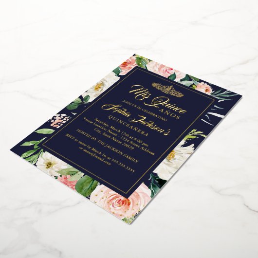 Floral Quinceanera Navy Blush Gold Waterverf Folie Uitnodiging (Gedraaid)