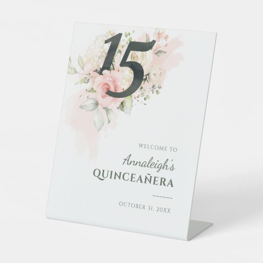 Floral Quinceanera Pink 15e verjaardag Reclamebord Met Voetstuk (Voorkant)