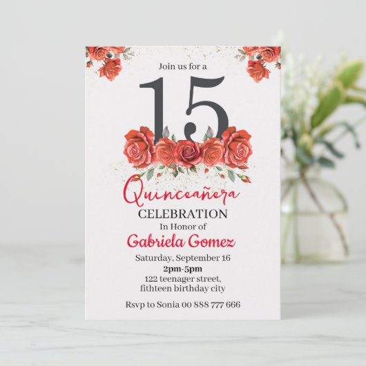 Floral Quinceanera Red Burgundy 15th Birthday Kaart (Staand voorkant)