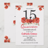 Floral Quinceanera Red Burgundy 15th Birthday Kaart (Voorkant / Achterkant)