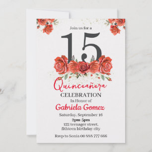 Floral Quinceanera Red Burgundy 15th Birthday Kaart