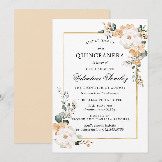 Floral Quinceanera, Roos van wit en goud Kaart (Voorkant / Achterkant)