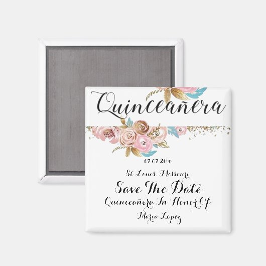 Floral Quinceanera sparen de datum Magnet (Voorkant / Achterkant)