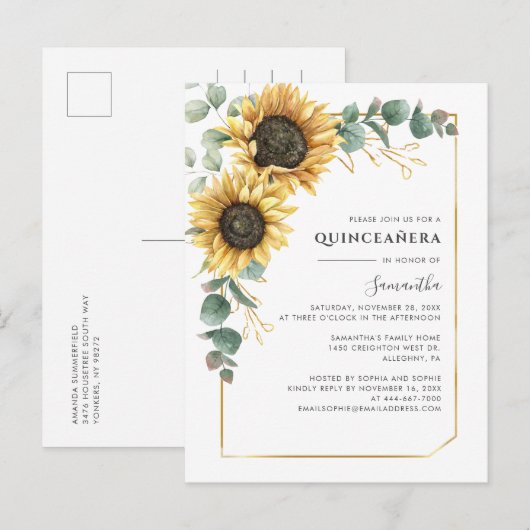 Floral Quinceanera Sunflower 15e verjaardag Uitnodiging Briefkaart (Voorkant / Achterkant)