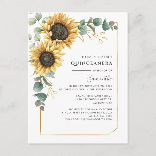 Floral Quinceanera Sunflower 15e verjaardag Uitnodiging Briefkaart (Voorkant)