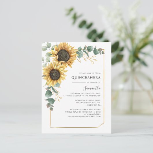 Floral Quinceanera Sunflower 15e verjaardag Uitnodiging Briefkaart (Staand voorkant)