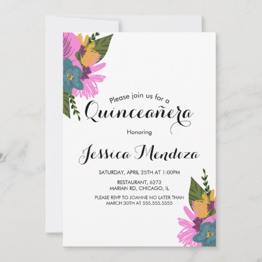 Floral Quinceañera Sweet 16 Kaart (Voorkant)