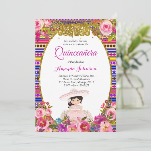 Floral Quinceañera Uitnodiging Spaans Uitnodiging (Staand voorkant)