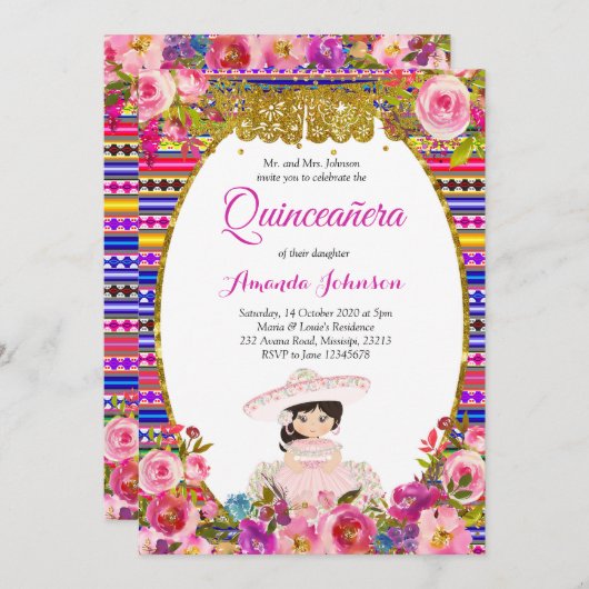 Floral Quinceañera Uitnodiging Spaans Uitnodiging (Voorkant / Achterkant)