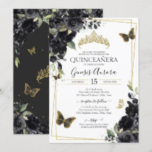 Floral Quinceanera Waterverf Black Gold Butterfly