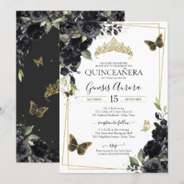 Floral Quinceanera Waterverf Black Gold Butterfly Kaart