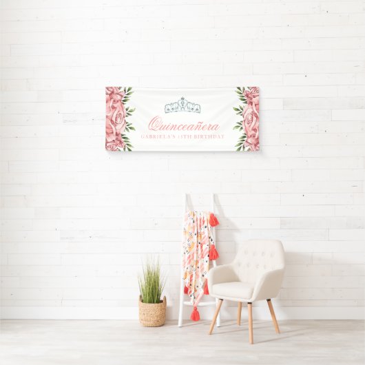 Floral Quinceanera, wit en roze Spandoek (Insitu)