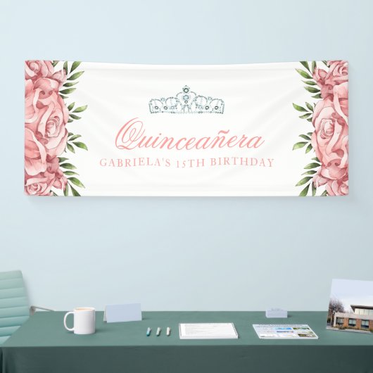 Floral Quinceanera, wit en roze Spandoek (Beurs)