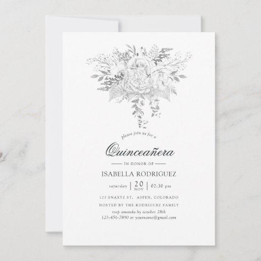  Floral Quinceañera, wit en zilver Kaart (Voorkant)