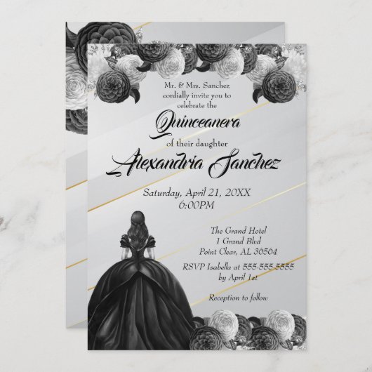 Floral Quinceanera, zwart-wit, gestreept Kaart (Voorkant / Achterkant)