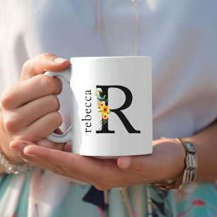 Floral R Monogram Mok met bewerkbare naam