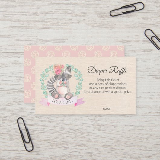Floral Raccoon Baby shower Diaper Raffle Ticket (Voorkant / Achterkant in situ)