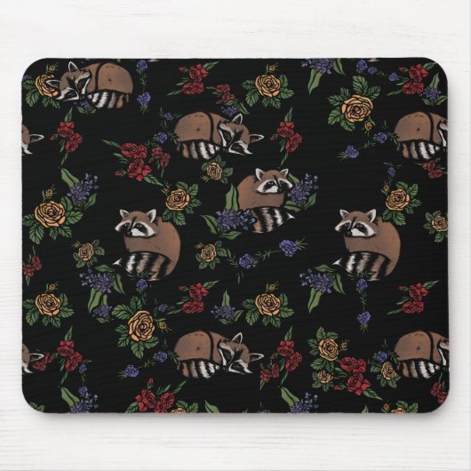 Floral Raccoons Cute Slaping Raccoon Patroon Muismat (Voorkant)