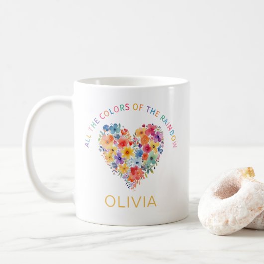 Floral Rainbow Heart Mok – Custom Name Gift (Met donut)