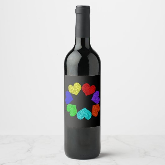 Floral Rainbow Love Hearts Labels Wijn Etiket (Voorkant)
