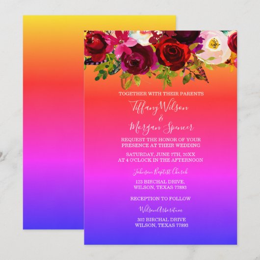 Floral Rainbow Same-Sex Marriage bruiloft Invite Kaart (Voorkant / Achterkant)