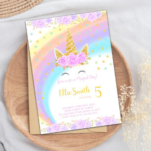 Floral Rainbow Unicorn Birthday-uitnodigingen Kaart