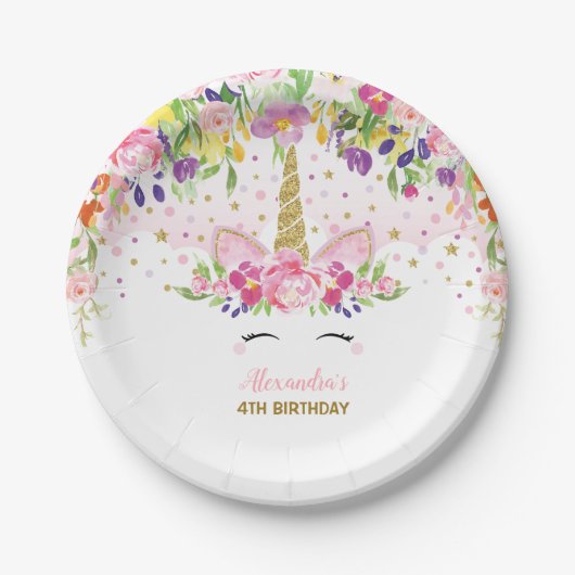 Floral Rainbow Unicorn Girl Birthday Bord (Voorkant)
